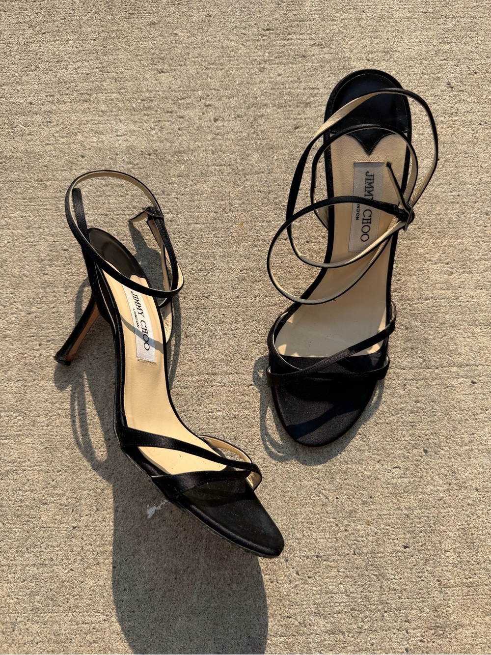 Jimmy Choo Black Satin Strappy Heel Sandals
